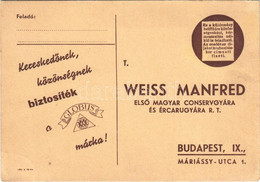 ** T2/T3 Weiss Manfred Első Magyar Conservgyára (konzerv Gyár) és ércárugyára, Globus Márka, Reklám. Budapest, Máriássy  - Non Classificati