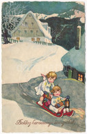 T3 Boldog Karácsonyi ünnepeket / Christmas Greeting Art Postcard, Children With Sled, Winter Sport. L&P 2347. (kopott Sa - Non Classificati