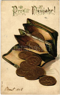 T2/T3 1908 Prosit Neujahr! / New Year Greeting Card With Money, Purse, Wallet, Coins. Ser. 248. Emb. Litho (small Tear) - Unclassified