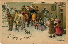 ** T2/T3 Boldog Újévet! / New Year Greeting Art Postcard, Children, Horse-drawn Carriage. N.M.M. 551/19. S: A. Bertiglia - Non Classificati