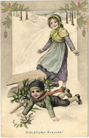 T2/T3 Glückliches Neujahr! / New Year Greeting Postcard, Children Sliding, Winter Sport. Serie 516. 1-6. (EK) - Unclassified