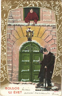 T4 1904 Boldog Újévet! / New Year Greeting Art Postcard, Drunk Man. Art Nouveau Golden Emb. Frame (apró Lyuk / Tiny Pinh - Non Classificati