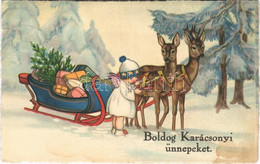 * T2/T3 1934 Boldog Karácsonyi ünnepeket / Christmas Greeting Art Postcard, Angel With Deer And Sled. ERIKA Nr. 6082. (E - Non Classificati