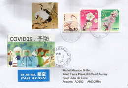 Lettre Du JAPON, Arrivée Andorra Pendant Confinement épidémie Covid-19,avec Vignette  De Prevention Du Coronavirus - Storia Postale