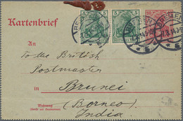 Brunei: 1914 German Postal Stationery Letter Card 10pf., Uprated 5pf. Pair, Used From Bremen To BRUN - Brunei (1984-...)