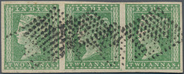 Indien: 1854 Typographed 2a. Green Horizontal Strip Of Three, With Top Right Part (double Oval) Of R - 1854 Britse Indische Compagnie