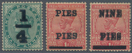 Indien: 1898/1921 Three Stamps Showing Overprint Varieties, I.e. QV ¼ On ½a. With "OVERPRINT DOUBLE" - 1902-11 Koning Edward VII