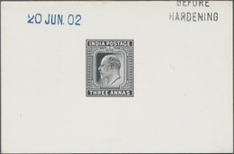 Indien: 1902, 3 A., Die Proof Of Eduard VII., In Black On Glazed Card, Blue Handstamp From The 20 JU - 1902-11 Koning Edward VII