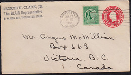 U.S.A Entier 2c Sur Enveloppe De WORCESTER Massachusetts Postée Le 17 Janv 1944  + 1c En Complément Pour VICTORIA Canada - 1941-60