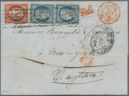 Frankreich: 1850, 1 Fr Carmine-brown, Three Full Margins, Just Touched At Bottom, Together With 2 X - Brieven En Documenten