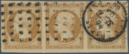 Frankreich: 1852, 10 C Bister 'Napoleon', Horizontal Strip Of 3, Full To Large Margins, Used With Ro - Gebruikt