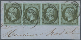 Frankreich: 1860, 1 C Olive-green On Bluish Paper, Horizontal Strip Of 4 On Piece, Full Margins, Tie - Andere & Zonder Classificatie