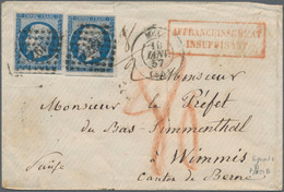 Frankreich: 1853, 2 Mal Napoleon Empire Franc Dunkelblau Auf Portobrief Von Metz Nach Wimmis, Schwei - Brieven En Documenten