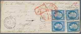 Frankreich: 1854, 4 X 20 C Blue 'Napoleon', Slightly Touched To Full Margins, Tied By Numeral Cancel - Brieven En Documenten