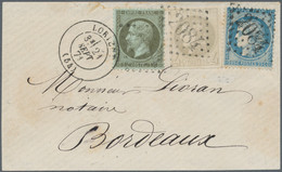 Frankreich: 1862/1871, 4 C Grey 'Bordeaux', Full Margins, 1 C Green-olive Napoleon And 25 C Blue Cer - Brieven En Documenten