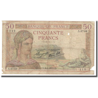 France, 50 Francs, Cérès, 1937, 1937-08-26, B+, Fayette:18.2, KM:85a - 50 F 1934-1940 ''Cérès''