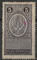 Poland 1921-1923, 5 Marek, Revenue/Fiscal. Opłata Stemplowa - Fiscale Zegels