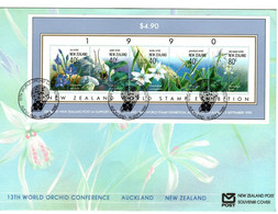 New Zealand 1990 13th World Orchids Conference ,Orchids Miniature Sheet Souvenir Cover - Lettres & Documents