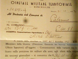 LETTERA OSPEDALE MILITARE BISCEGLIE  RILASCIO CERTIFICATO A MILITARE CONVALESCENZA PALERMO 1942 0 HX3589 - Bisceglie