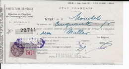 Reçu 1943 Sur Imprimé "Etat Français" Pour Vacation Commissaire De Police Inhumation Muller Avec Fiscal 50c Lilas - Police & Gendarmerie