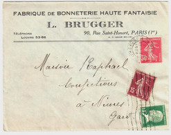 PARIS R Des Halles Lettre Entête Fabrique Bonneterie BRUGGER 30c Semeuse Rose 15c Brun 15c Pasteur Yv 191 189 171 - Storia Postale