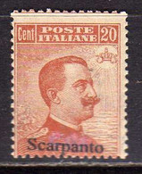 EGEO 1921-22 SCARPANTO SOPRASTAMPATO D'ITALIA ITALY OVERPRINTED CENT. 20c CON FILIGRANA WATERMARK MNH - Egeo (Scarpanto)