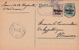 Carte Entier Postal + OC1 Namur Cachet Censure Militaire Namur - Duitse Bezetting
