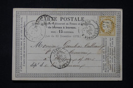 FRANCE - Carte Précurseur De Paris Pour Cayeux/ Mer En 1873, Affranchissement Cérès 15ct, étoile 15  - L 87151 - Vorläufer
