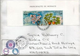 Covid-19,lettre De Monaco,adressée Principauté D'Andorre Pendant Confinement Avec Vignette Locale Prévention Coronavirus - Storia Postale