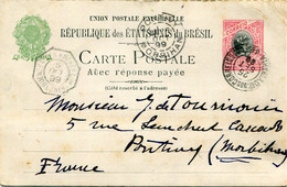 PRECURSEUR - BRESIL / BRAZIL - Carte Postale Avec Réponse Payée - Entier Postal 100 C Rouge - 1899 - Cachet PONTIVY - Brieven En Documenten