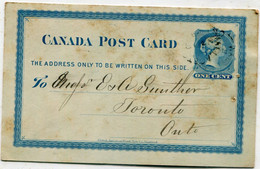 PRECURSEUR - CANADA - Entier Postal 1 Cent Reine Victoria Bleu- 1879 - Cachet " TORONTO " - Briefe U. Dokumente