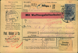 1916, 2 Mark Kriegsdruck Auf Paketkarte "Mit Waffenbegleitschein!" Ab SOLINGEN Nach Constantinopel - Lettres
