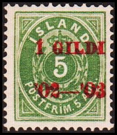 1902. I GILDI. 5 Aur Green. Perf. 12 3/4. Red Overprint. Variety No Watermark. Hinged... (Michel 26B) - JF414007 - Neufs