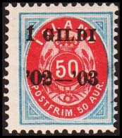 1902. I GILDI. 50 Aur Blue/red. Perf. 12 3/4. Black Overprint. Hinged. (Michel 33B) - JF414020 - Neufs