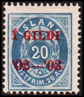 1902. I GILDI. 20 Aur Blue. Perf. 12 3/4. Red Overprint With Margin Watermark. Hinged... (Michel 30B ) - JF414023 - Unused Stamps