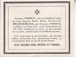 ANVERS BRAECKMANS Anna Veuve VERBECK 70 Ans 1835 Avis Mortuaire Format Carte Postale Carton - Overlijden