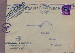 1943 SUOMI / FINLAND  ,  SOBRE CIRCULADO , HELSINKI - TYSKLAND , CORREO AÉREO , CENSURAS - Storia Postale