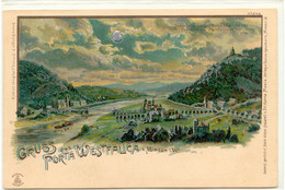 PORTA WESTFALICA, Ca. 1900 Herrl. Ungebr. Mondschein-Gruß-Aus-Künstler-Farblitho Gesamtansicht "Jauchzend Klingt's Durch - Porta Westfalica