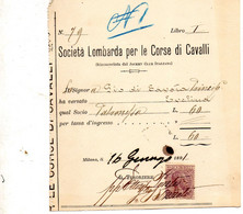 1891 MILANO, SOCIETA'  LOMBARDA PER LE CORSE DI CAVALLI - Italie