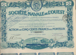 SOCIETE NAVALE DE L'OUEST - ACTION DE CINQ CENT FRANCS - ANNEE 1920 - Navegación