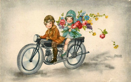 Hannes PETERSEN * CPA Illustrateur Petersern * Enfant Sur Une Moto Ancienne * Motos * Fleurs * N°4513 - Petersen, Hannes