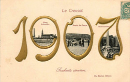 Le Creusot * Année 1907 * Souhaits Souvenir * Cpa Gaufrée Embossed * Multivues - Le Creusot