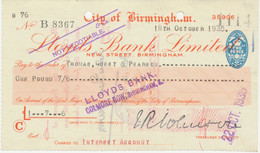 OLD CHECKS 1935, CITY OF BIRMINGHAM - Lloyd's Bank Ltd., New Street, BIRMINGHAM; - Cheques & Traveler's Cheques