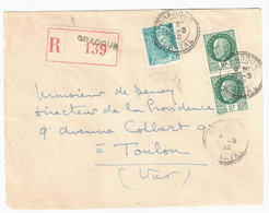 ORADOUR Cantal Lettre Recommandée 2 F Pétain Vert 50c Mercure Yv 518 538 Ob 2 3 1942 Dest Toulon - Handstempels