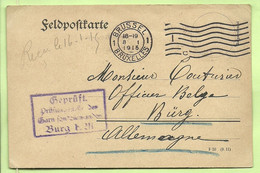 Feldpostkaart Stempel BRUSSEL 8/1/15 Naar "Couturier Officier Belge BURG" Stempel GEPRUFT (2422) - Kriegsgefangenschaft