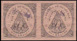 CV:€45.60 HONDURAS 1877 Coat Of Arms 2/2r Rose OVPT.blue IMPERF.PAIR Vulcano - Volcans