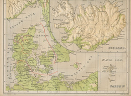 LANDKARTE DÄNEMARK, ISLAND Dreidimensionale Relief-Landkarte 29,5x24,5cm W.Swan Sonnenschein 1878 Aus PLASTIK GR.RARITÄT - Landkarten