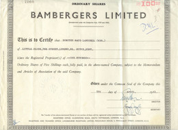 UNITED KINGDOM 1961, BAMBERGERS Ltd., London, Certificate Over 100 Ordinary Shares Each 5 Shillings, good Conservation, - Autres & Non Classés