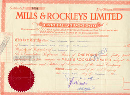 UNITED KINGDOM 1950, MILLS & ROCKLEYS Ltd.,  Certificate Of 100 Preferred Shares For 1 Pound Sterling, good Conservation - Industrie