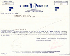 UNITED KINGDOM 1981, NURDIN & PEACOCK Ltd. - The Cash & Carry Wholesalers, Certificate Of 20,000 Common Shares Each 10 P - Other & Unclassified